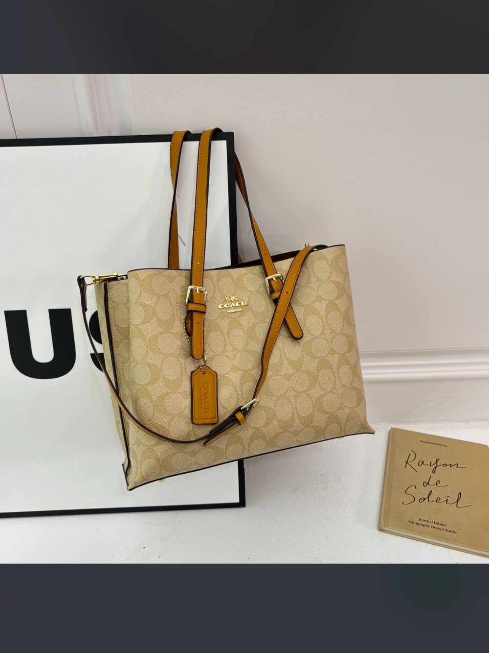 Coach Beige Signature Canvas Tote with Tan Leather Trim